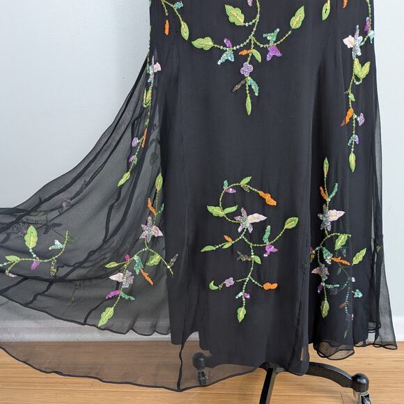 Vintage Sean Collection Prom Dress Maxi Gown L Black Floral Y2K Silk Feminine - Picture 4 of 11